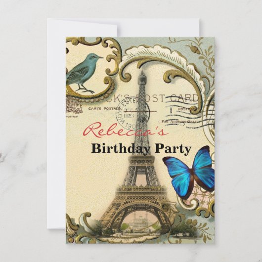 ヴィンテージアールヌーボーブルーがパリのエッフェル塔を旋回 招待状 (正面)