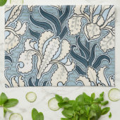 ヴィンテージアールヌーボーブルーガーデンアイリスフラワー キッチンタオル (折り畳み)