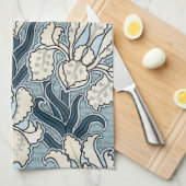 ヴィンテージアールヌーボーブルーガーデンアイリスフラワー キッチンタオル (四つ折り)