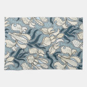 ヴィンテージアールヌーボーブルーガーデンアイリスフラワー キッチンタオル (横)