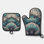 ヴィンテージアールヌーボーブルーシルバーファン 鍋つかみ&鍋敷きセット (正面)