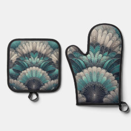 ヴィンテージアールヌーボーブルーシルバーファン 鍋つかみ&鍋敷きセット