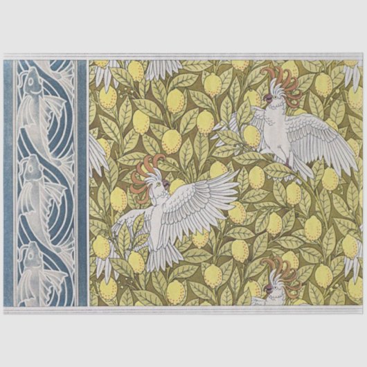 ヴィンテージアールヌーボーブルーフィッシュ、コカトゥーとレモン 薄葉紙 (正面)