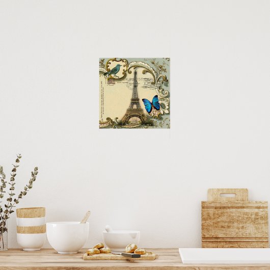 ヴィンテージアールヌーボーブルー旋回パリエッフェルタワー ポスター (キッチン)