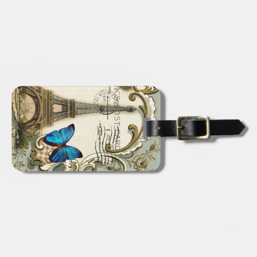 ヴィンテージアールヌーボーブルー旋回パリエッフェルタワー ラゲッジタグ (正面横)