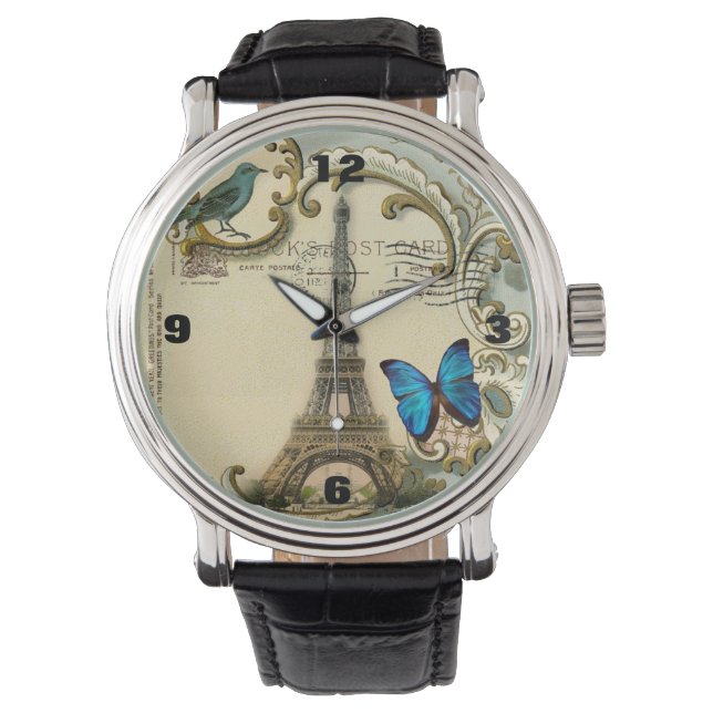 ヴィンテージアールヌーボーブルー旋回パリエッフェルタワー 腕時計 (正面)