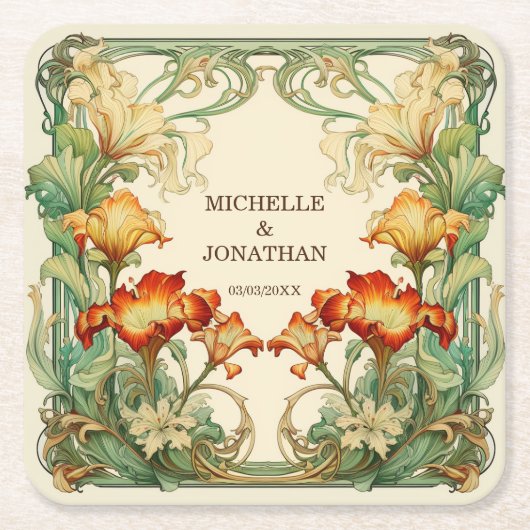 ヴィンテージアールヌーボーボタニカルミュシャサンキュー スクエアペーパーコースター (正面)