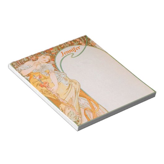 ヴィンテージアールヌーボーミュシャオレンジガール&グレープつる植物 ノートパッド (アングル)