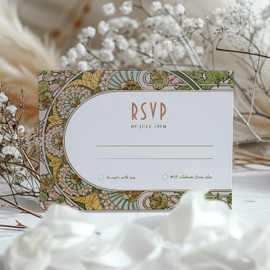 ヴィンテージアールヌーボーミュシャスタイルウェディングRSVPカード 招待状