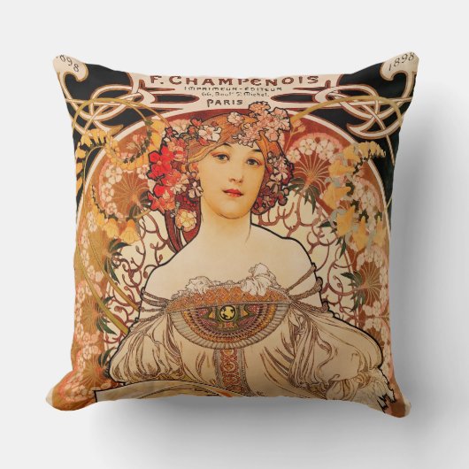 ヴィンテージアールヌーボーミュシャプリント クッション (正面)