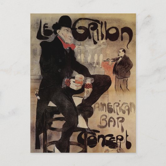 ヴィンテージアールヌーボールグリロン,男性がビールを飲む ポストカード (正面)