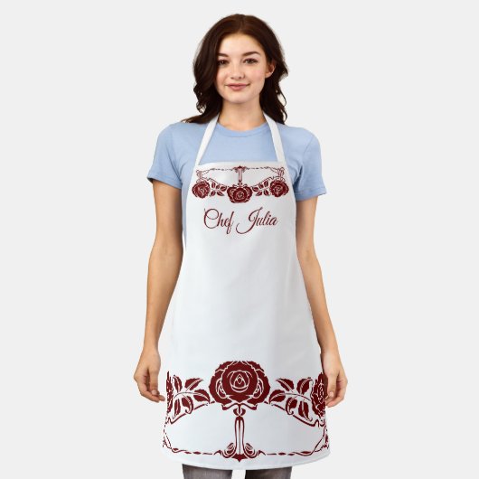 ヴィンテージアールヌーボーレッドガーデンバラ エプロン (着用した状態)