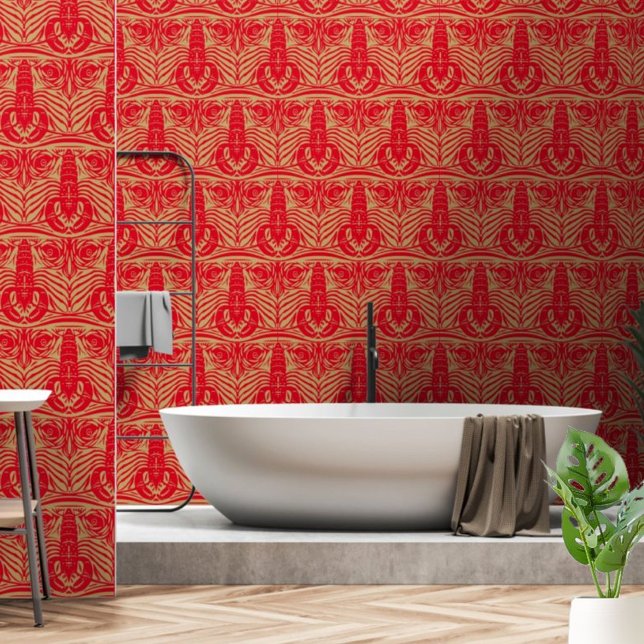 ヴィンテージアールヌーボーレッドロブスターライオン顔パターン 壁紙 (クリエイターアップロード済み)