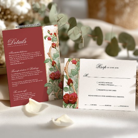 ヴィンテージアールヌーボーレッドローズウェディングRSVPカード 出欠カード