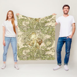 ヴィンテージアールヌーボー女性花柄バイミュシャ フリースブランケット