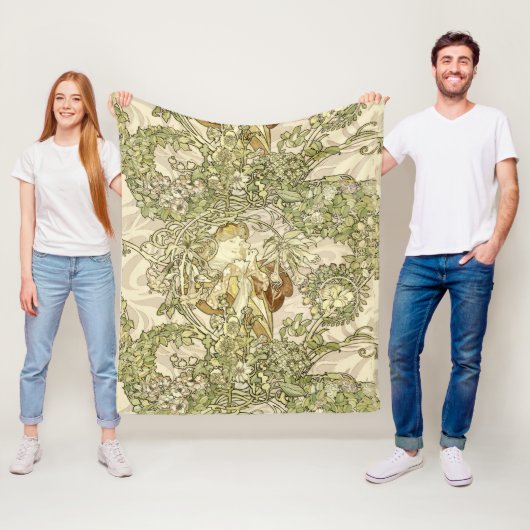 ヴィンテージアールヌーボー女性花柄バイミュシャ フリースブランケット (インサイチュ)