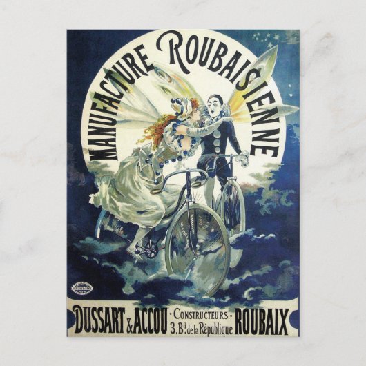 ヴィンテージアールヌーボー妖精、自転車ピエロムーン ポストカード (正面)