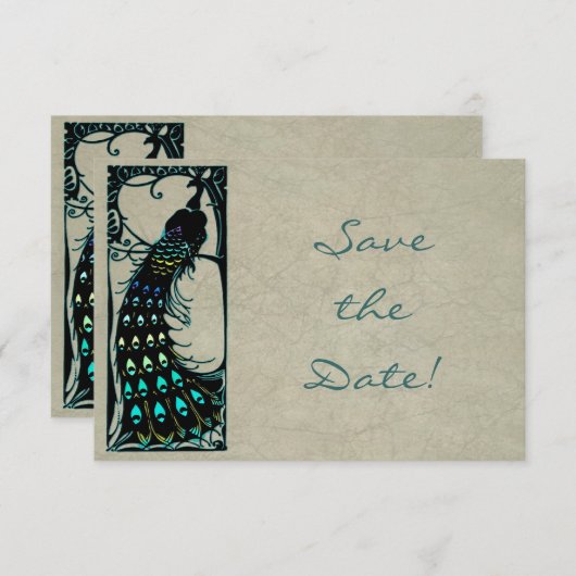 ヴィンテージアールヌーボー孔雀の結婚式の日付を保存 セーブザデート (正面/裏面)