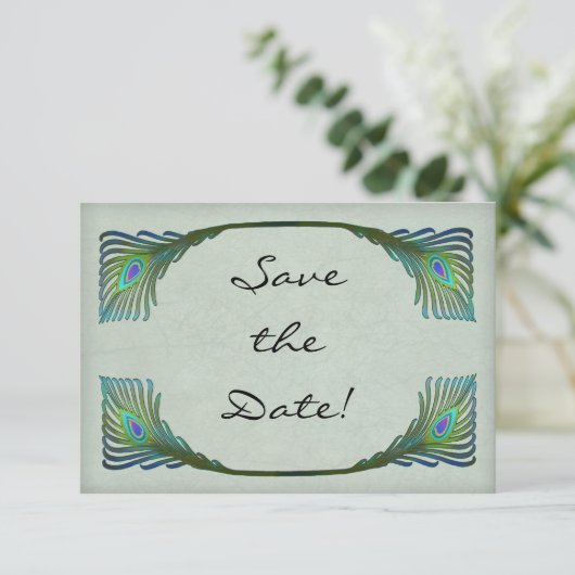 ヴィンテージアールヌーボー孔雀の結婚式の日付を保存 セーブザデート (スタンド正面)