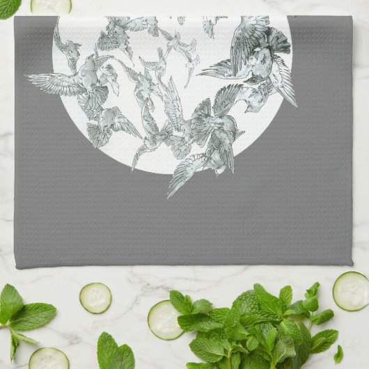 ヴィンテージアールヌーボー満月の鳥の群れ キッチンタオル (折り畳み)