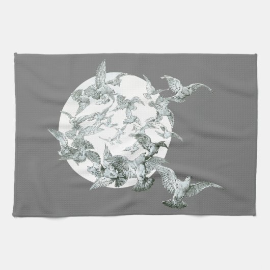 ヴィンテージアールヌーボー満月の鳥の群れ キッチンタオル (横)