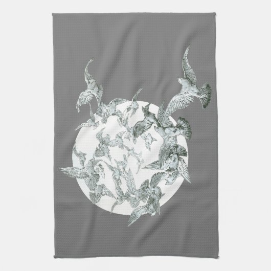 ヴィンテージアールヌーボー満月の鳥の群れ キッチンタオル (縦)