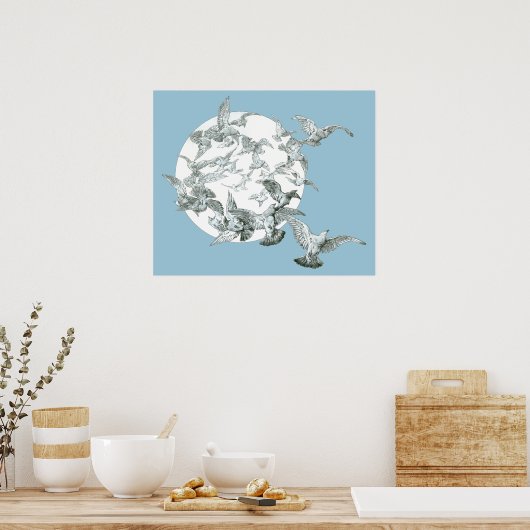 ヴィンテージアールヌーボー満月の鳥の群れ ポスター (キッチン)