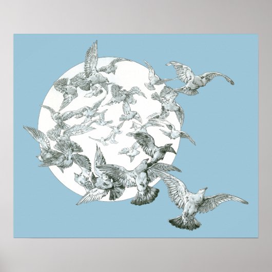 ヴィンテージアールヌーボー満月の鳥の群れ ポスター (正面)