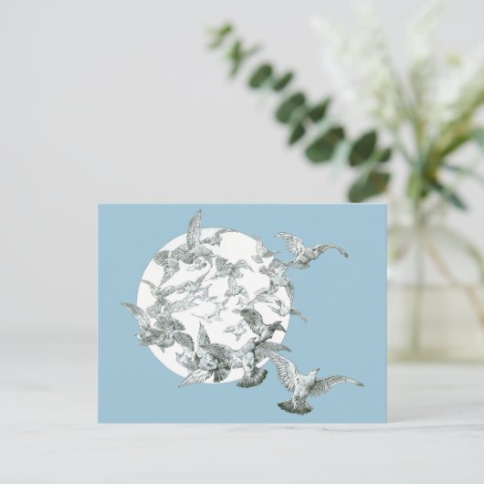 ヴィンテージアールヌーボー満月の鳥の群れ ポストカード (スタンド正面)