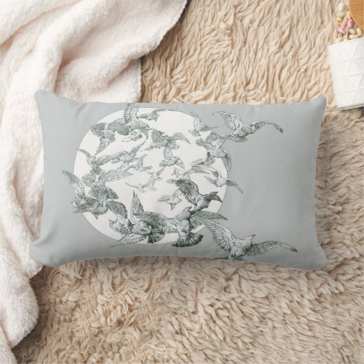 ヴィンテージアールヌーボー満月の鳥の群れ ランバークッション (ブランケット)