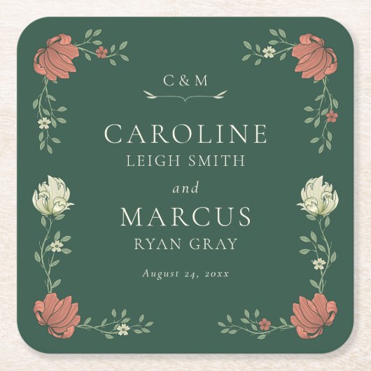 ヴィンテージアールヌーボー結婚フローラ スクエアペーパーコースター (正面)