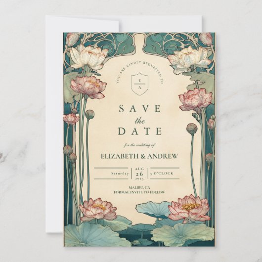 ヴィンテージアールヌーボー結婚ロータス セーブザデート (正面)