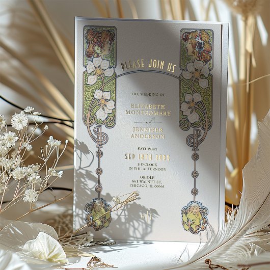 ヴィンテージアールヌーボー結婚式招待状フォイルアクセント 箔招待状