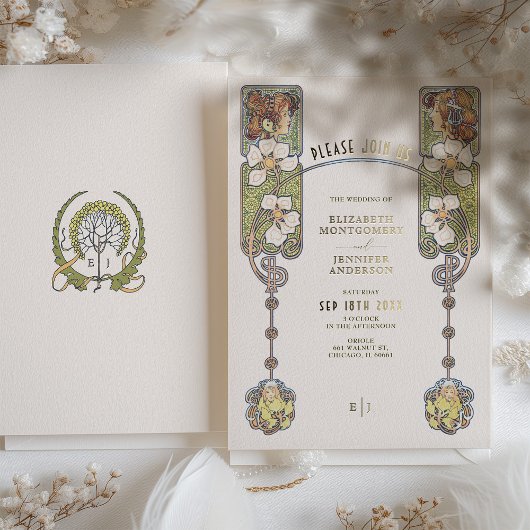 ヴィンテージアールヌーボー結婚式招待状フォイルアクセント 箔招待状