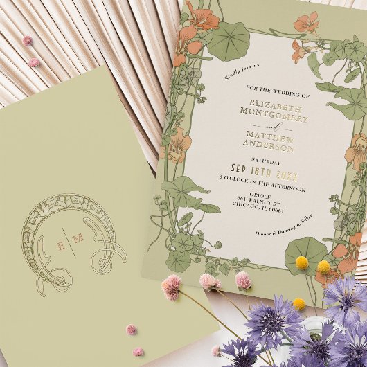 ヴィンテージアールヌーボー結婚式招待状金箔 箔招待状