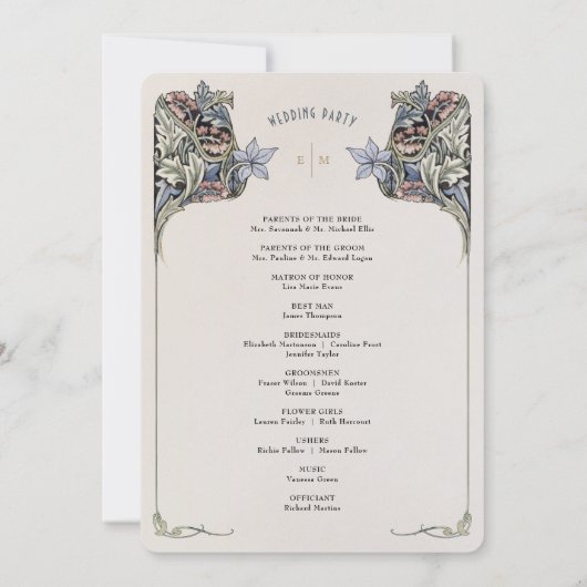 ヴィンテージアールヌーボー結婚式 プログラムカード 招待状 (裏面)