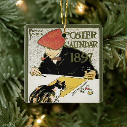 ヴィンテージアールヌーボー絵画、ペット・キャット セラミックオーナメント (ツリー)