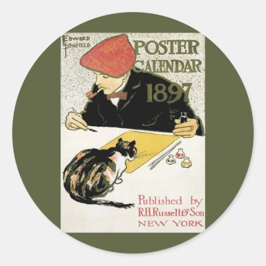 ヴィンテージアールヌーボー絵画、ペット・キャット ラウンドシール (正面)