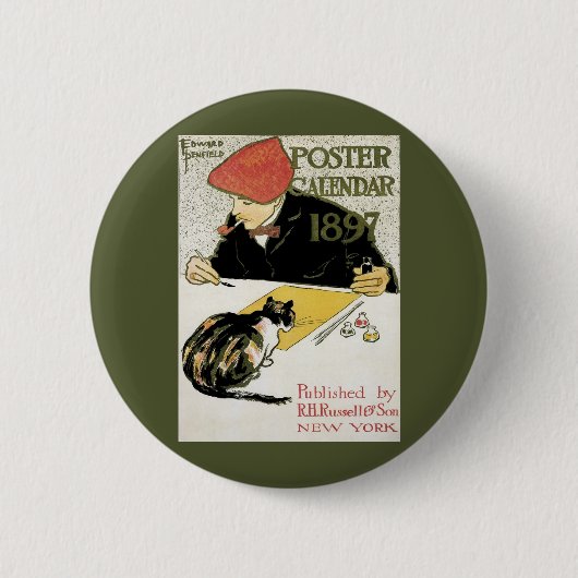 ヴィンテージアールヌーボー絵画、ペット・キャット 缶バッジ (正面)