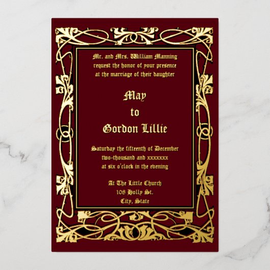 ヴィンテージアールヌーボー縁ど葉結婚病 箔招待状 (正面)