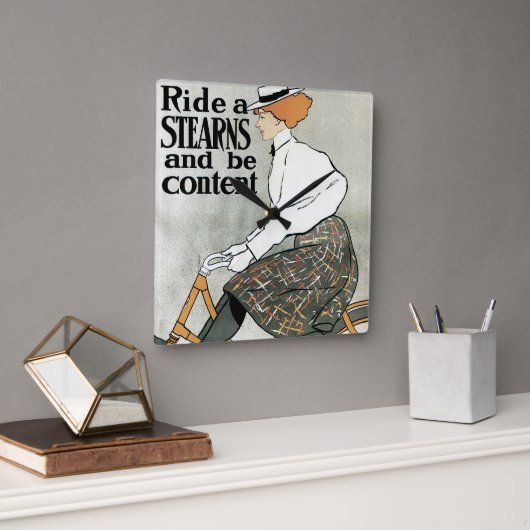 ヴィンテージアールヌーボー自転車に乗る スクエア壁時計 (オフィス)