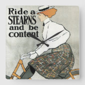 ヴィンテージアールヌーボー自転車に乗る スクエア壁時計 (正面)