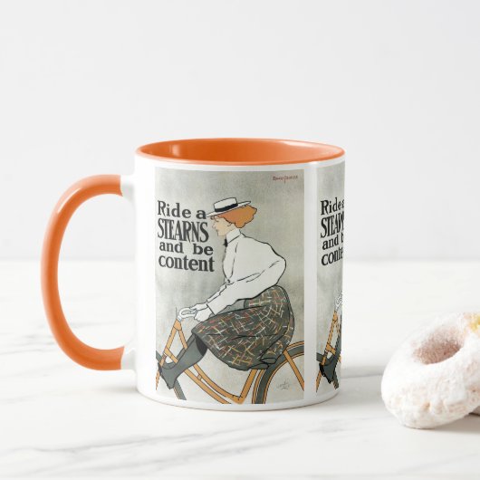 ヴィンテージアールヌーボー自転車に乗る マグカップ (ドーナツ)