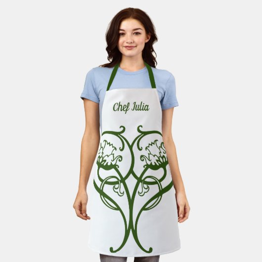 ヴィンテージアールヌーボー花ハート形 エプロン (着用した状態)