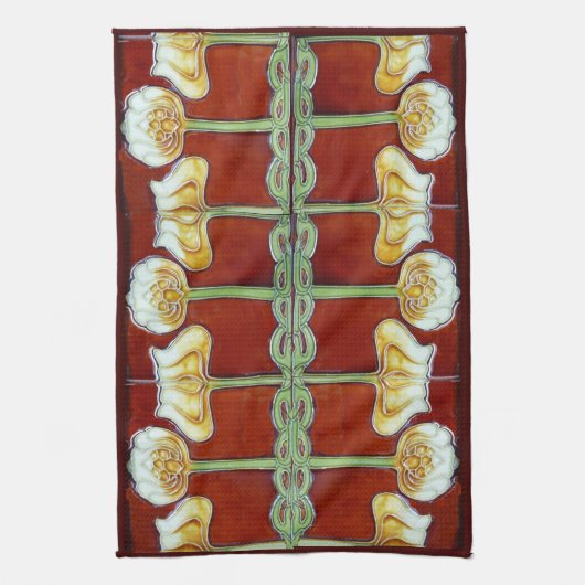 ヴィンテージアールヌーボー蓮の花セラミックタイル キッチンタオル (縦)