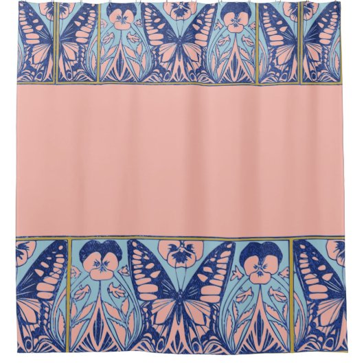 ヴィンテージアールヌーボー蝶とパンジー シャワーカーテン (正面)