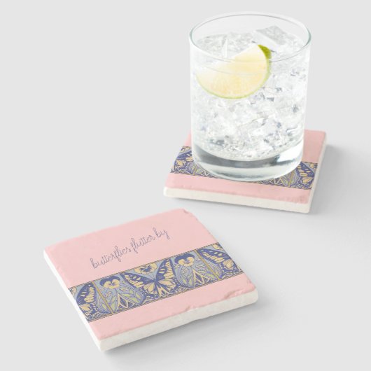 ヴィンテージアールヌーボー蝶とパンジー ストーンコースター (横)