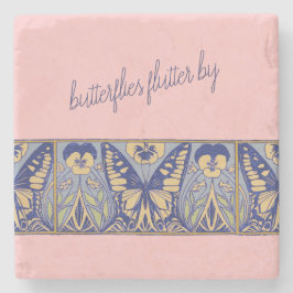 ヴィンテージアールヌーボー蝶とパンジー ストーンコースター