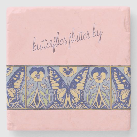 ヴィンテージアールヌーボー蝶とパンジー ストーンコースター (正面)