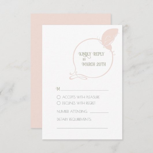 ヴィンテージアールヌーボー赤面ピンクバタフ結婚ィーズ 出欠カード (正面/裏面)